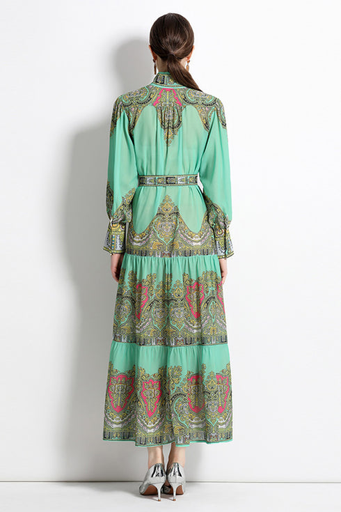 Autumn Retro Court Style, Lantern Sleeve, Belted, Ruffled Paisley Pattern Long Party, Festive Renaissance Dress - Mint